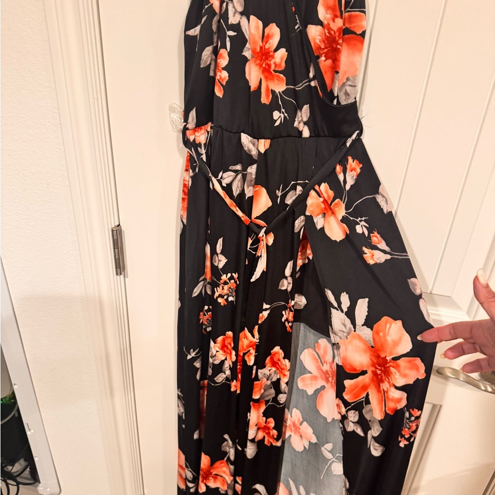 Black Floral Maxi short Dress with Orange Floral Print size M - Picture 4 of 8